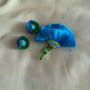 Rare Hattie Carnegie Dynel Blue and Green Fan Earrings and brooch set.